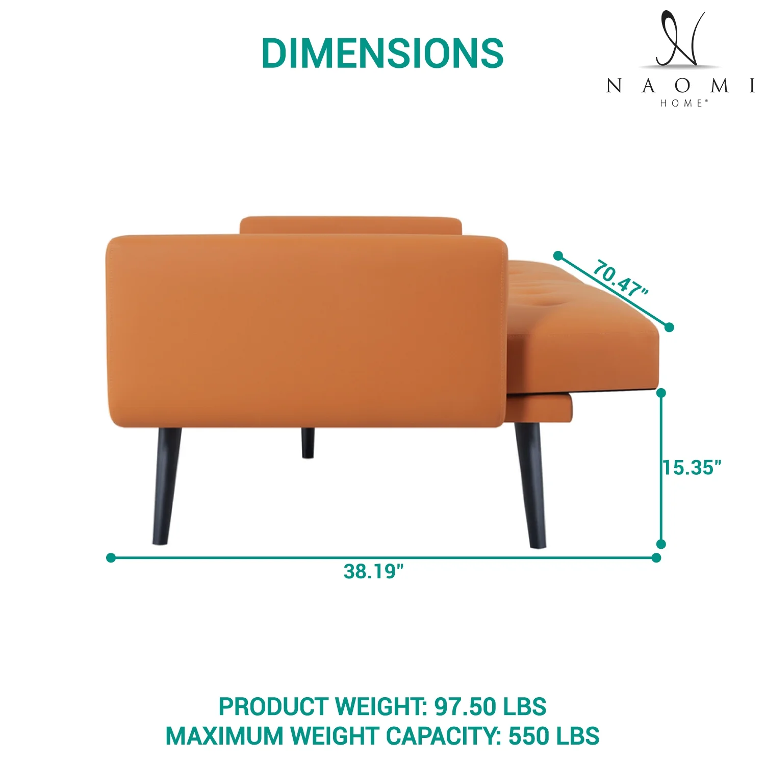 Naomi Home Monica Mid Century Style Futon Sofa Bed-Color:Caramel,Material:Air Leather