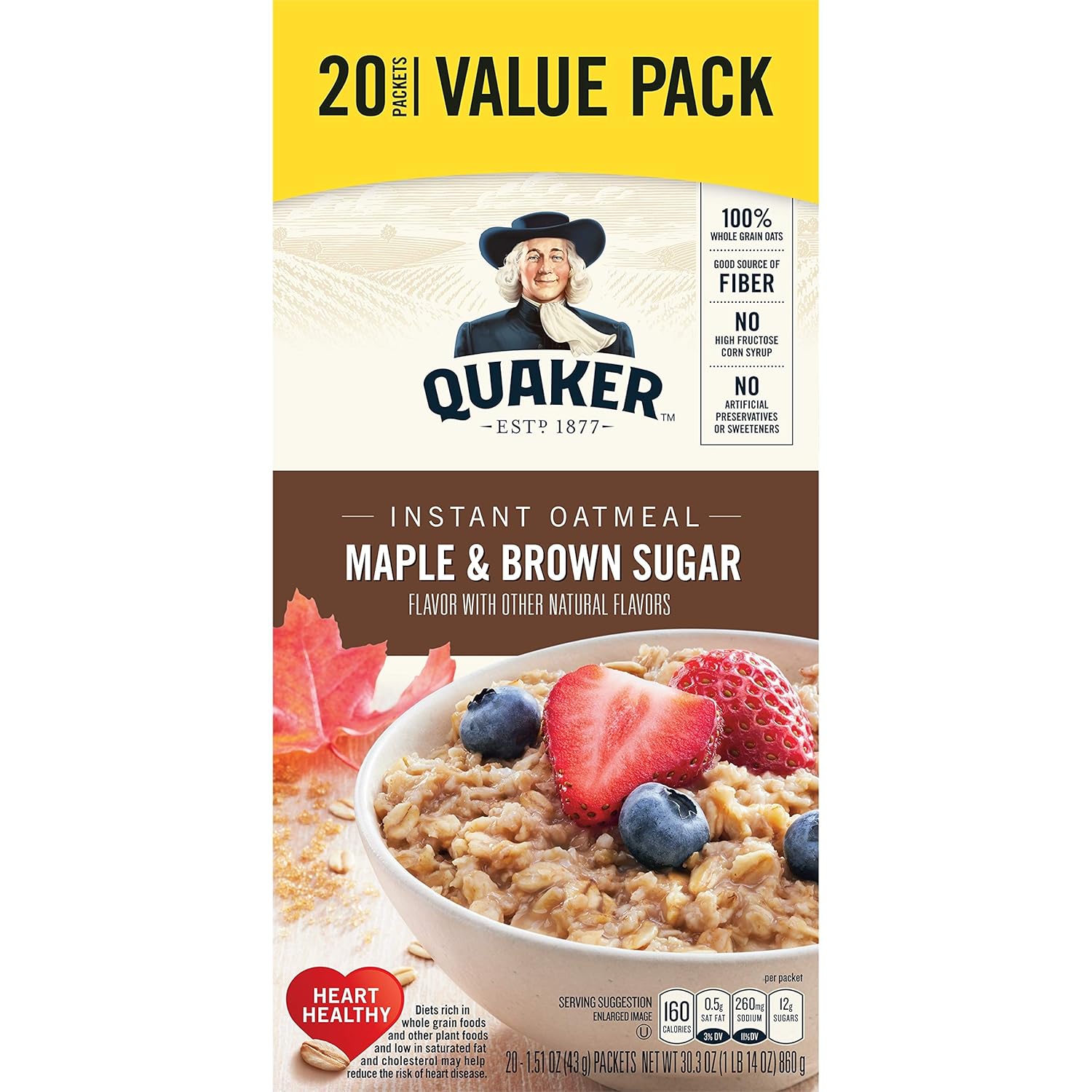 Quaker Maple & Brown Sugar Instant Oatmeal, 20 Count, 1.51 oz Packets