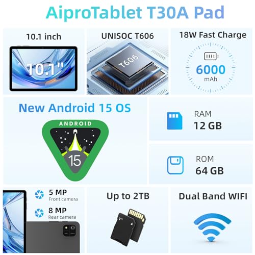 Android Tablet, 10 inch Android 15 Tablet with Octa-Core Processor, 12GB RAM 64GB ROM 2TB Expand, 1280x800 HD Touchscreen, GPS, WiFi 5, Dual Camera, BT5.0, 6000mAh, Widevine L1 (Black)