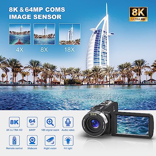 8K 64MP Video Camera 18X Digital Camcorder Video Camera for YouTube 3.0 inch Flip Screen Camcorder Vlogging Camera with 32GB SD Card, 2.4G Remote Control, Two Batteries and External Mic