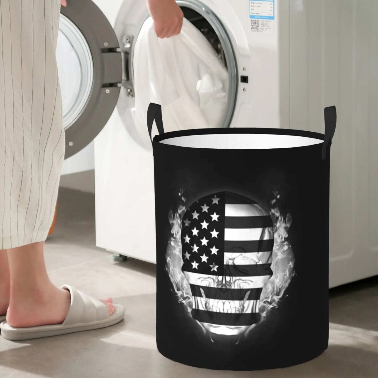 XMXT Collapsible Laundry Basket, American Flag Skull Print Waterproof Laundry Hamper, 62L Black