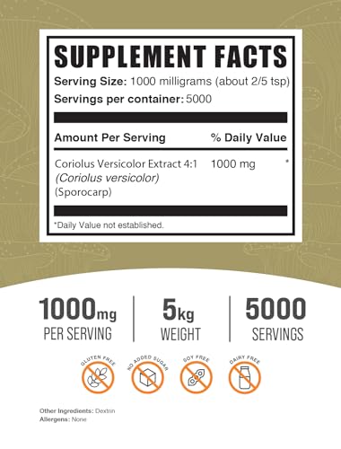 BulkSupplements.com Turkey Tail Mushroom Extract Powder - Coriolus Versicolor Extract, Turkey Tail Mushroom Powder - Vegan & Gluten Free, 1000mg per Serving. 500g (1.1 lbs) (Pack of 1)