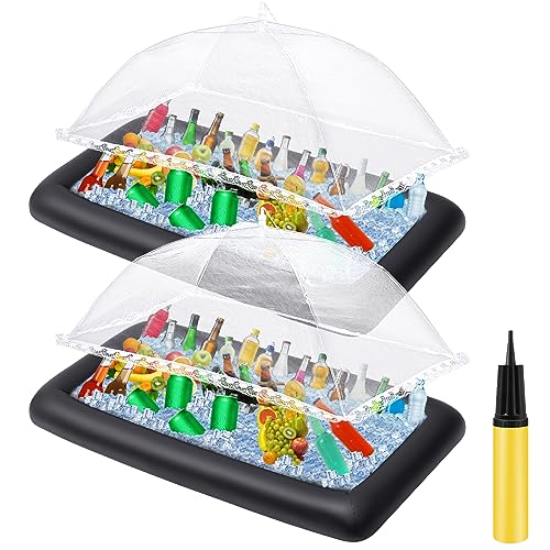 Leitee Inflatable Serving Bar Kit Includes Salad Buffet Tray with Drain Plug Mesh Food Cover Food Drink Containers and Inflator for Ice Supplies Summer Party Camping Picnic(Black)