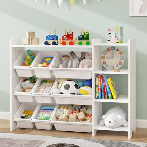 MallBest 4-Tier Kids' Toy Storage Organizer Shelf - 100% Solid Wood,Children's Storage Cabinet with 9 Plastic Bins and and 3 Storage Ports (Varnish-Single Color)