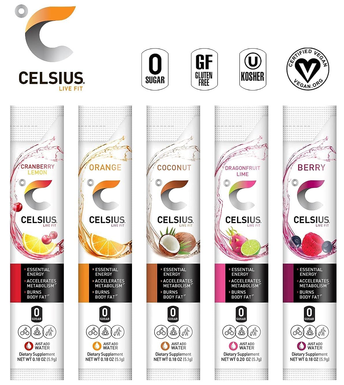 Celsius On-The-Go Powder Sticks - 5 Flavor Variety Pack | Berry, Orange, Coconut, Dragonfruit Lime & Cranberry Lemon - Zero Sugar | 3 of Each Flavor - Pack of 15…