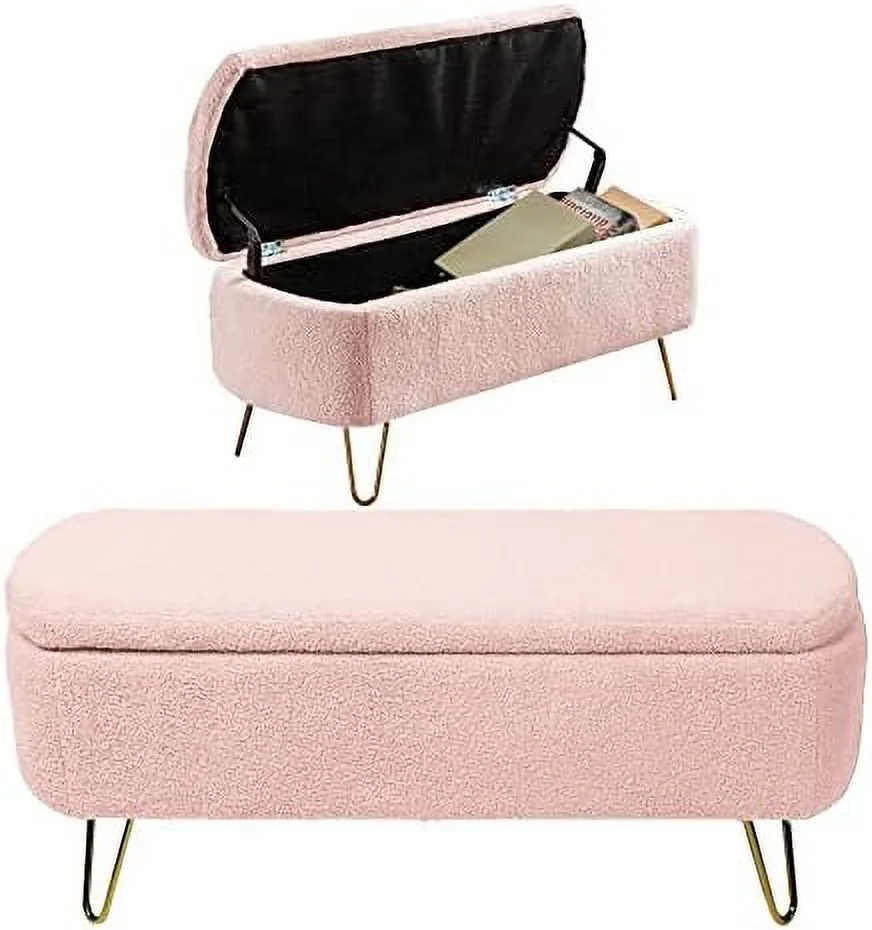 Oval   End of Bed 47.24" Comfy Boucle Fabric Ottoman Bench Lift Top Long Bedroom  Ottoman Bench Window Seating Bench Footrest for Living Room Entryway (Cream White)