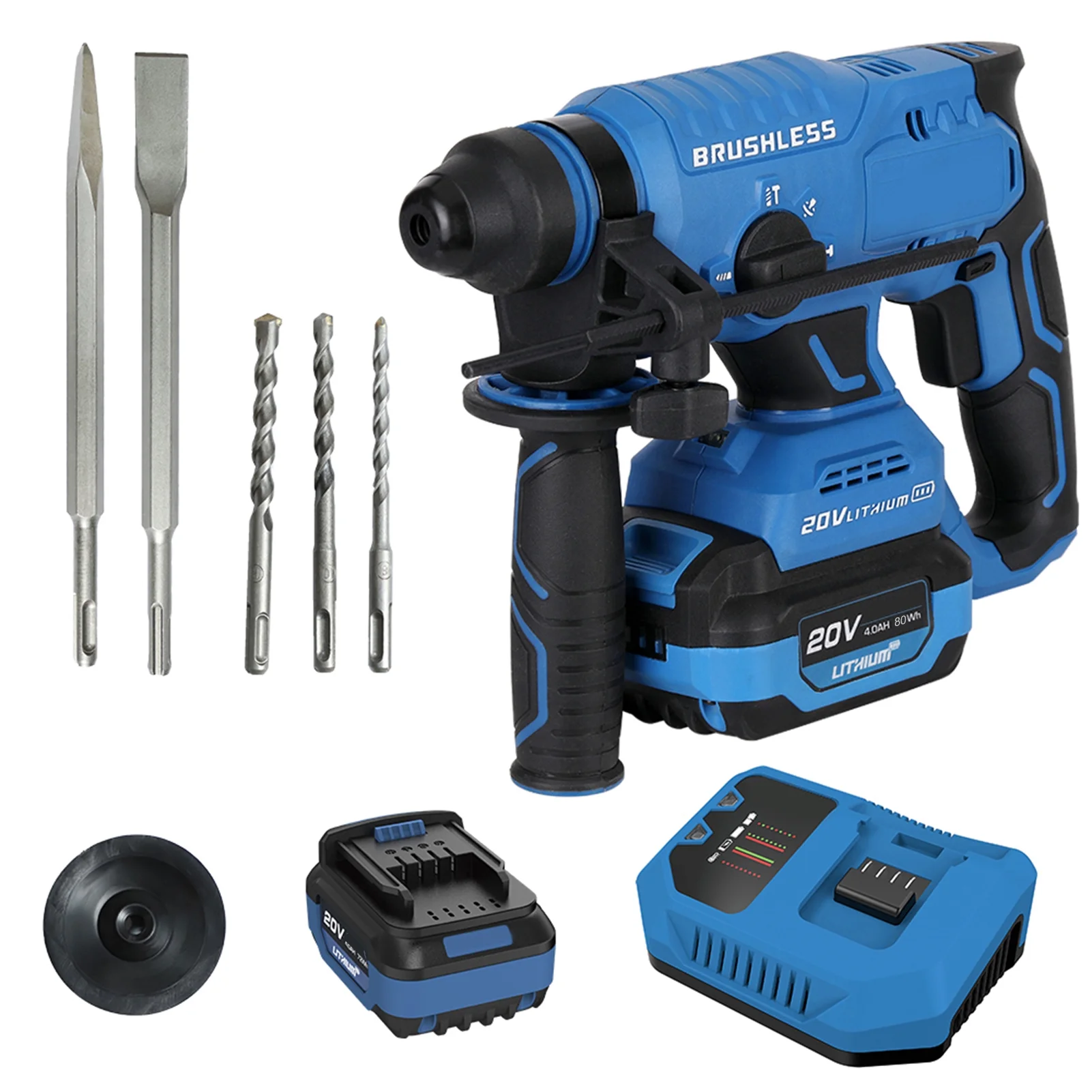 Geevorks Cordless Rotary Hammer Drill, Includes 20-Volt 4.0AH Li-ion Rechargeable Battery, Fast , 3PCS SDS Plus Hammer Drill, Point Chisel, Flat Chisel, Dust Cover Depth Guage Auxiliary Handle Heavy