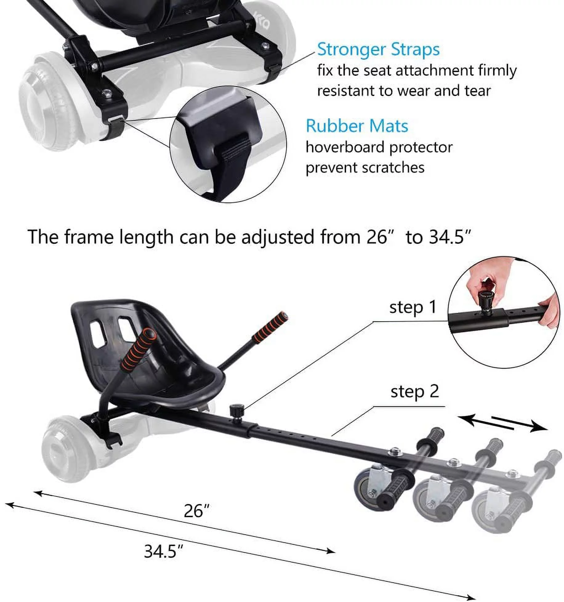 Hoverboard Seat Attachment Go-Kart Fits 6.5”/8”/10” Hoverboards, Hover Cart for Kids , Accessory for Self Balancing Scooter, Black