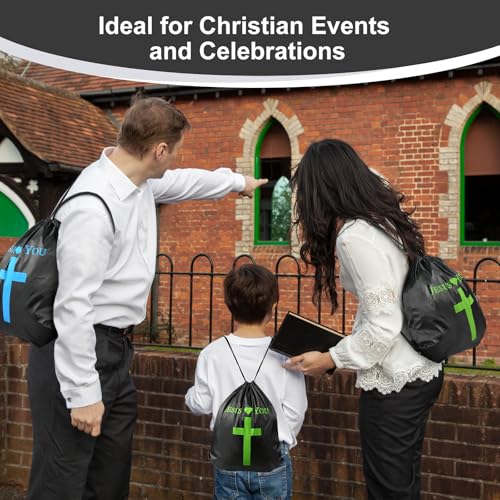 VZZNN 30 Pcs Jesus Loves You Drawstring Backpack Bulk Christian Gift Bags Church Supplies String Backpack Cinch Bag Jesus Stuff(Black)