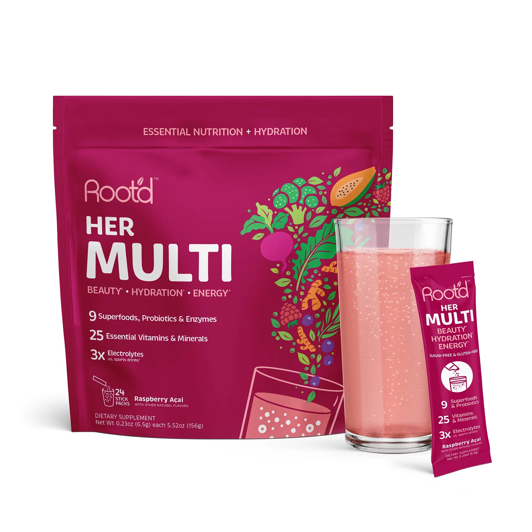Root'd Multivitamin Powder for Women - 25 Vitamins & Minerals with 3x Electrolytes, 9 Organic Superfoods, Probiotics & Enzymes, Sugar-Free Multivitamin & Hydration | 24 Vitamin Drink Mix Packets