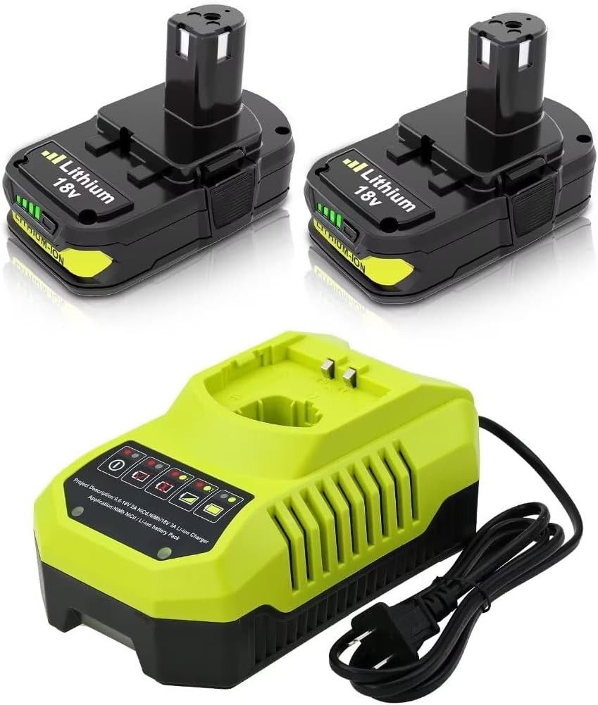 2Packs 18V 3000mAh Replacement Battery and Charger for Ryobi 18V Battery P102 P103 P104 P105 P107 P108 P109 P122 Battery Cordless Power Tools Compatible with Ryobi 18V Charger