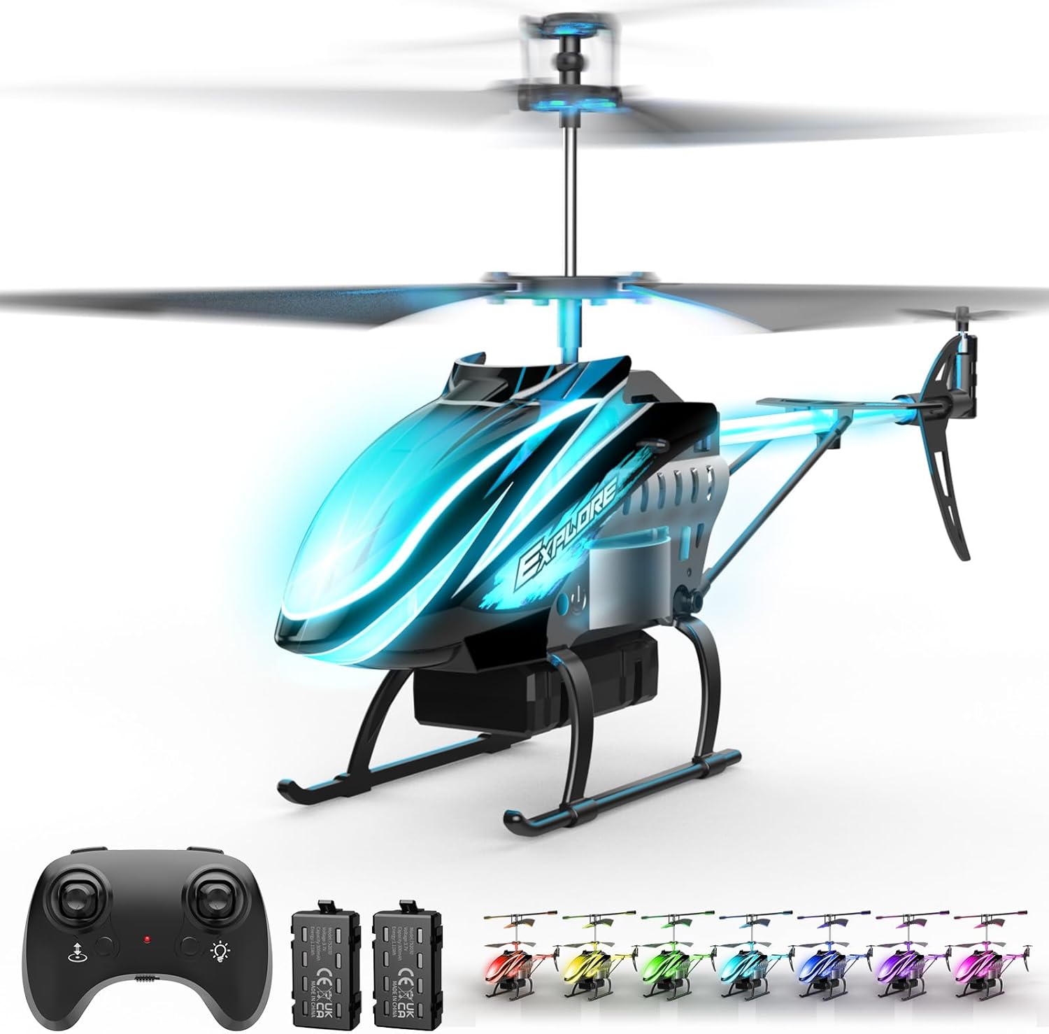 RC Helicopter Remote Control Helicopter for Kids Indoor Play 7+1 LED Light Modes, 30Mins Flight, Upgraded Gyro Stabilizer, Auto Hover, 3.5 Channel, One Key Start/Land, Auto Rotation, Circle Fly, Blue