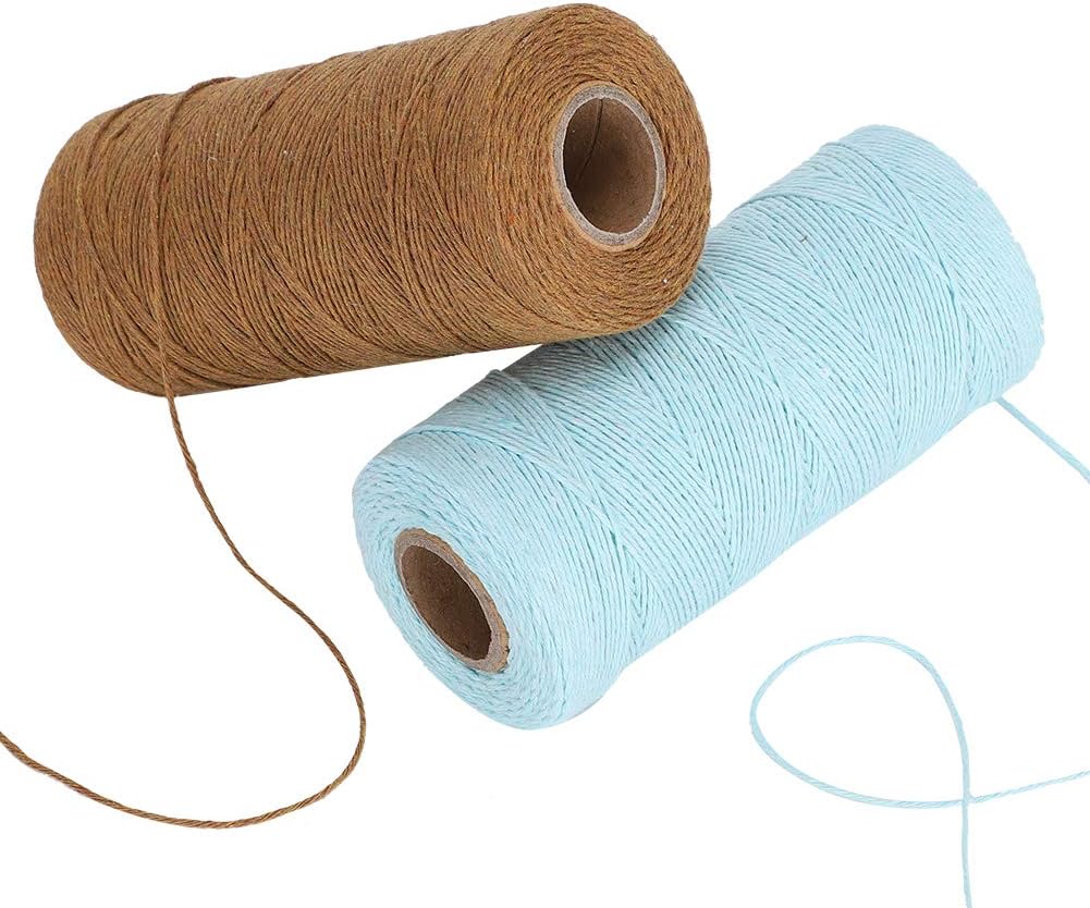 2 Rolls Warp Thread Warp Yarn Pure Cotton Yarn Tensile Resistant 8/4 Warp Thread for Knitting Tatting Carpet Tapestry(Brown + Light Blue)