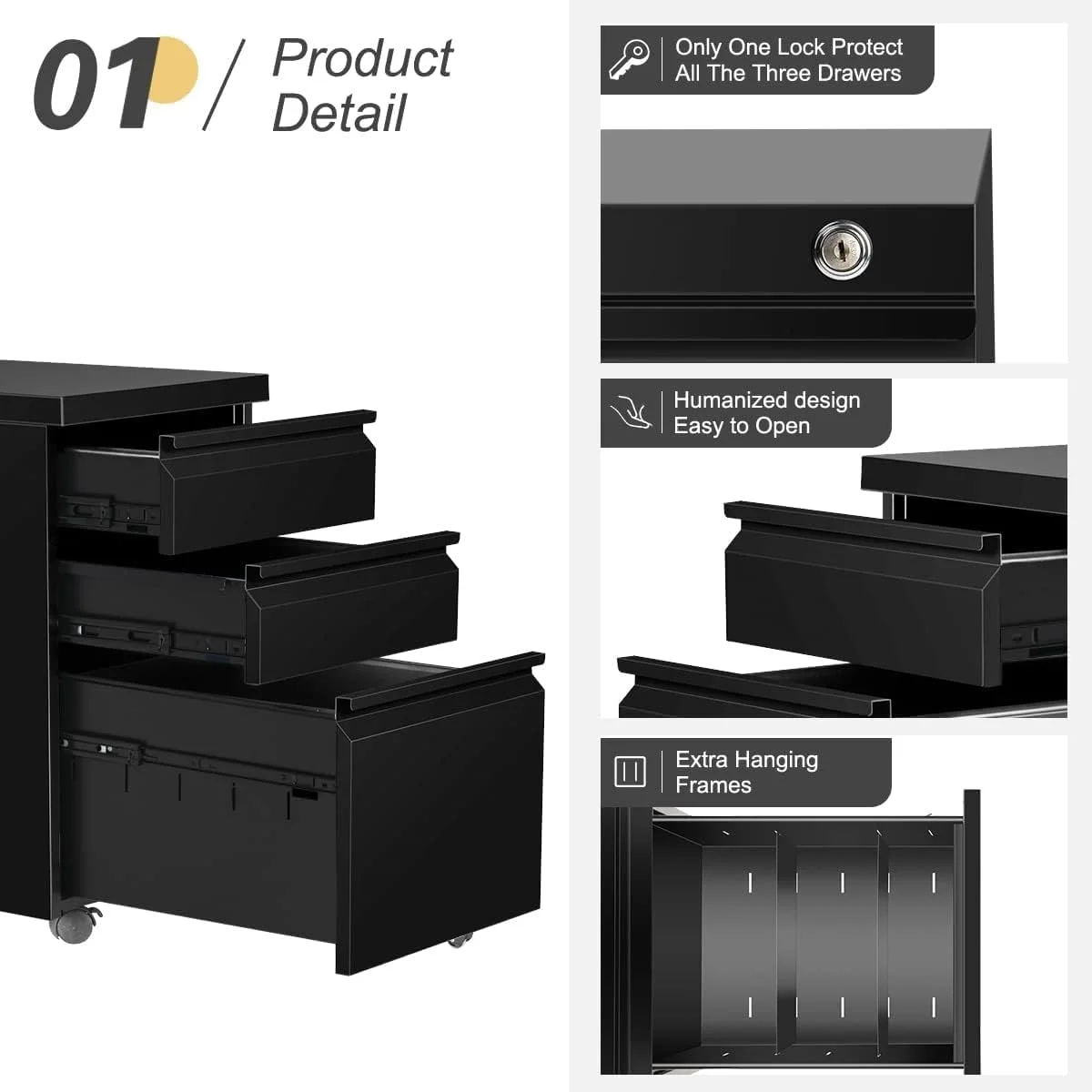 3 Drawer Metal File Cabinet with Lock Black-Mobile