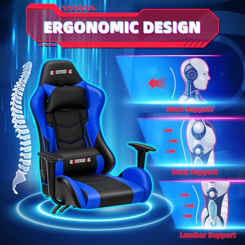 ECOTOUGE PC Massage Gaming Chair with Footrest Ergonomic Office Desk Chair Racing PU Leather Recliner Swivel Rocker with Headrest and Lumbar Pillow, Blue