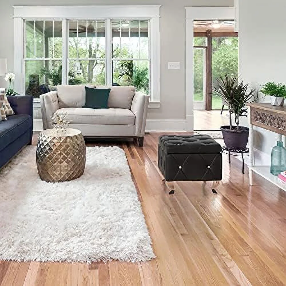 RUNFAYBIU Ottoman  23'' Upholstered Silver Faux Leather Ottoman with Crystal Tufted Button  Flip Top Foot  Bench for Bedroom End of Bed  Living Room