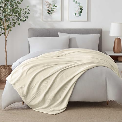 Vellux 100% Cotton Blanket - Soft, Breathable, Cozy & Lightweight Thermal Blanket – All-Season Twin Size Blanket Perfect for Layering Bed, Couch & Sofa - Hotel Quality (90 x 66 Inch, White)