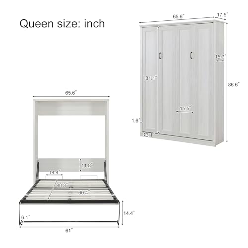 Murphy Bed,Cabinet Bed Folding Wall Bed,Queen Size Murphy Wall Bed with 1 Side Cabinet Storage Shelf,Cabinet Space-Saving Bed Perfect for Guest Room,Bed Room,Guest Room,Home Office (Rustic White-03)