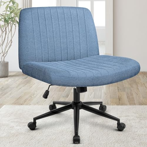 Orange Factory Criss Cross Chair No Wheel Wide Cross Legged Office Desk Vanity Chair Comfy Fabric Armless Adjustable Swivel for Home Computer Task (Beige)