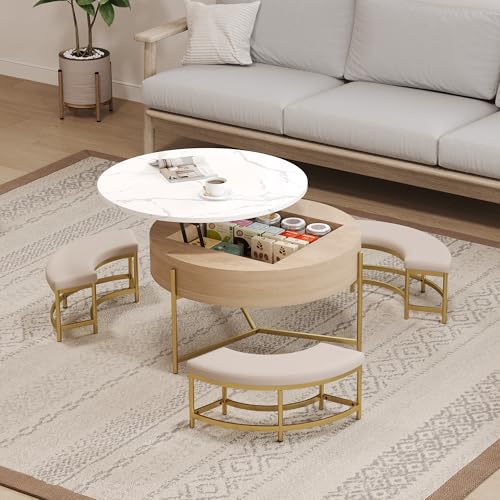 Linique Modern Round Lift-Top Coffee Table with Storage and 3 Ottoman, White + Black
