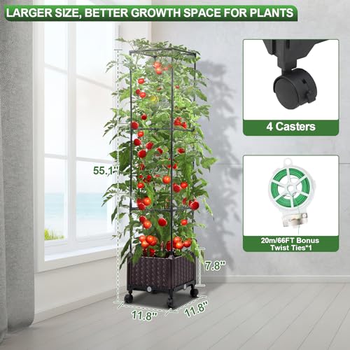 Raised Garden Bed Planter Box with Trellis, 63”Large Tomato Cage for Climbing Vegetables Plants, Tomato Planter with Wheels & Twist Ties, Garden Metal Trellis for Indoor Outdoor Flower Herb