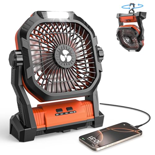 Camping Fan 27000mAh with LED Lantern - Cordless Portable Fan 8 inch USB C Battery Operated Rechargeable Powered Ventilador with Hanging Hook - 250° Rotating 4 Speed Personal Fans for Travel Camping