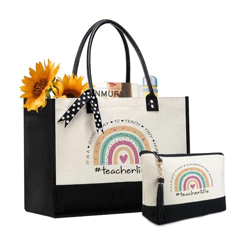 BeeGreen Mother's Day Gifts Personalized Women's Large White and Black Canvas Tote Bag, Embroidered Initials, Leather Handle, Zipper Closure