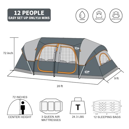 CAMPROS CP Tent 12-Person-Camping-Tents,3 Room Family Tents,Waterproof Windproof Family Tent with Top Rainfly,6 Large Mesh Windows,Double Layer,Easy Set Up, Portable with Carry Bag-20' x 9' x 72