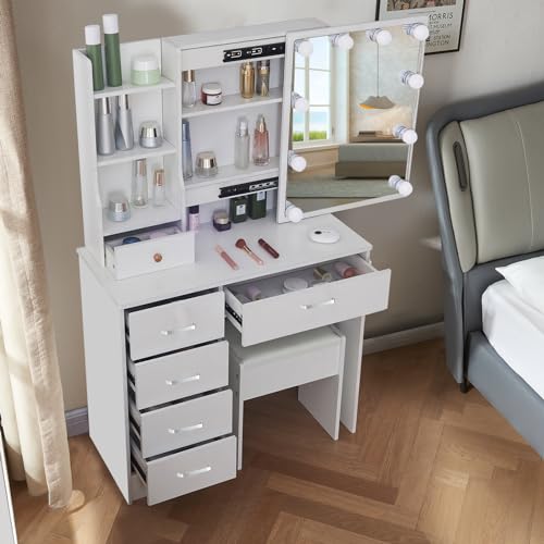 Makeup Vanity Set with Lights & Mirror, Large Vanity Table with Storage Drawers & Stool, Bedroom Dresser Desk Dressing Table for Girls Women (Modern)