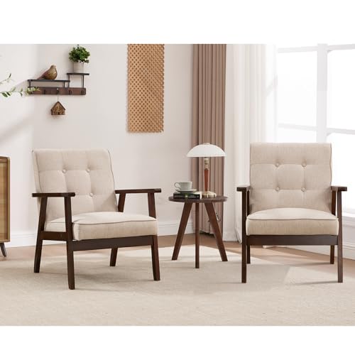 ANJ Mid Century Modern Accent Chair, Tufted Fabric Upholstery, Wood Frame, Beige