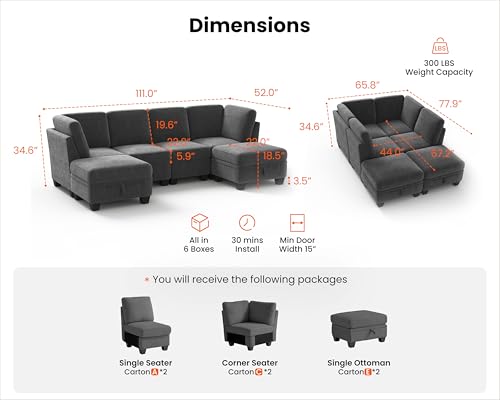 CHIC HOUSE Corduroy Modular Sectional Couch with Ottoman Chaise, L/U Shaped Sleeper Sofa for Living Room, Apartment, Lounge, Modern Armrest Neck Support Furniture (6 Seater Sleeper, Dark Grey)