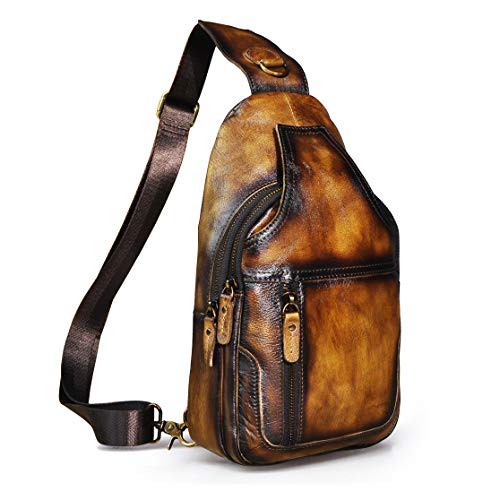 Le'aokuu Men Fashion Casual Tea Designer Travel Hiking Crossbody Chest Sling Bag Rig One Shoulder Strap Bag Men Leather 8015