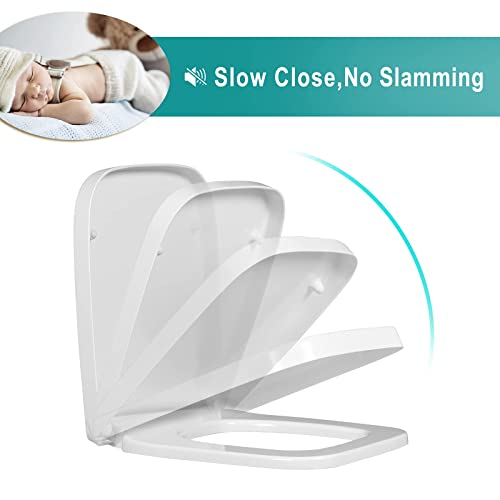 Soft Close Toilet Seat, Toilet seat, White Square Toilet Seat with Top Fix Adjustable Hinges, Toilet Seat Quick Release Rectangular,03b