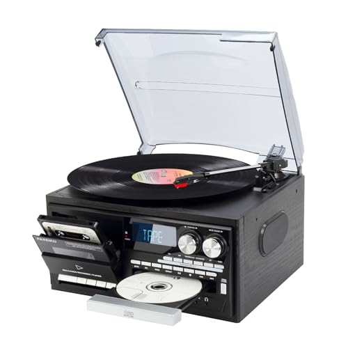 Vintage Record Player 9-in-1 Turntable with Built-in Speakers, AM/FM Radio, CD & Cassette Player, Bluetooth USB/SD Playback, Remote Control, Aux & RCA Inputs, Headphone Jack for Music Fans