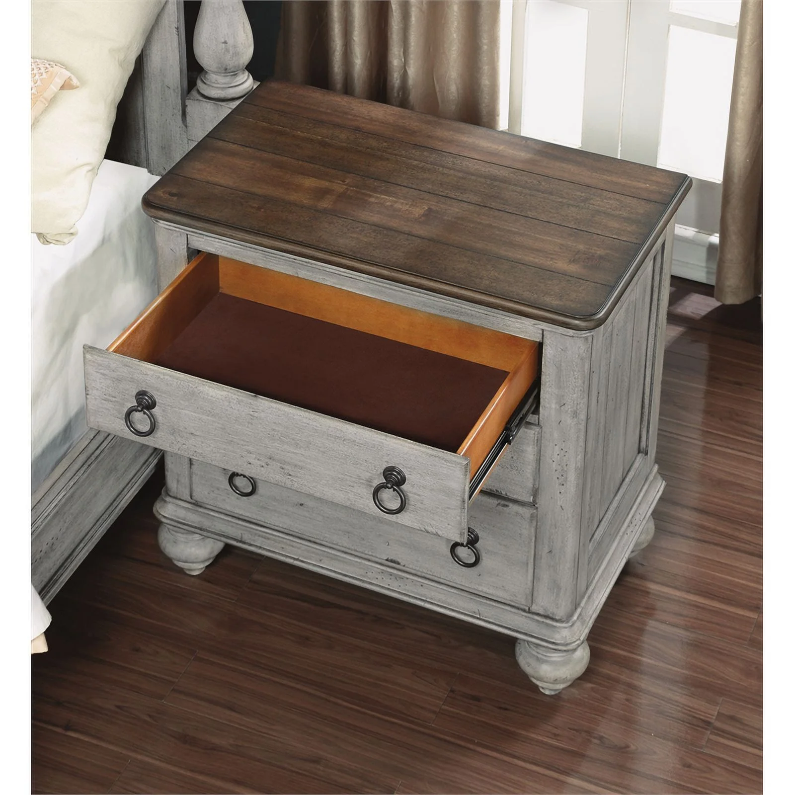 Homestyles Plymouth Weathered Gray Nightstand with Three Drawers