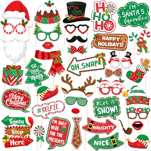 40Pcs Christmas Photo Booth Props, Christmas Party Favors, Fun Santa Gingerbread Snowman Holiday Prop for Photoshoot, Xmas Backdrop Accessories for Holiday Winter Party Supplies