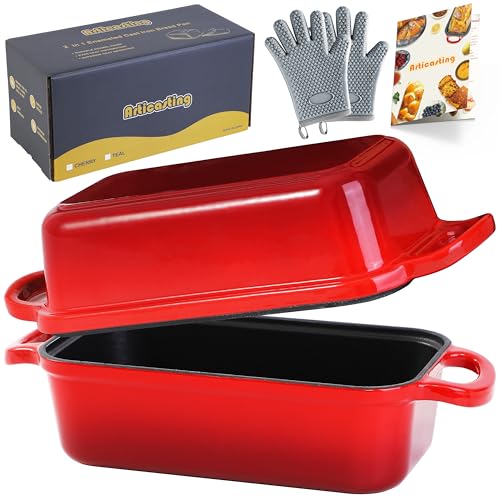 Cast Iron Bread Loaf Pan with Lid, Loaf Pans for Baking Bread 9x5, Enameled Bread Pans for Homemade Bread, Sourdough, Set of 2, Cherry