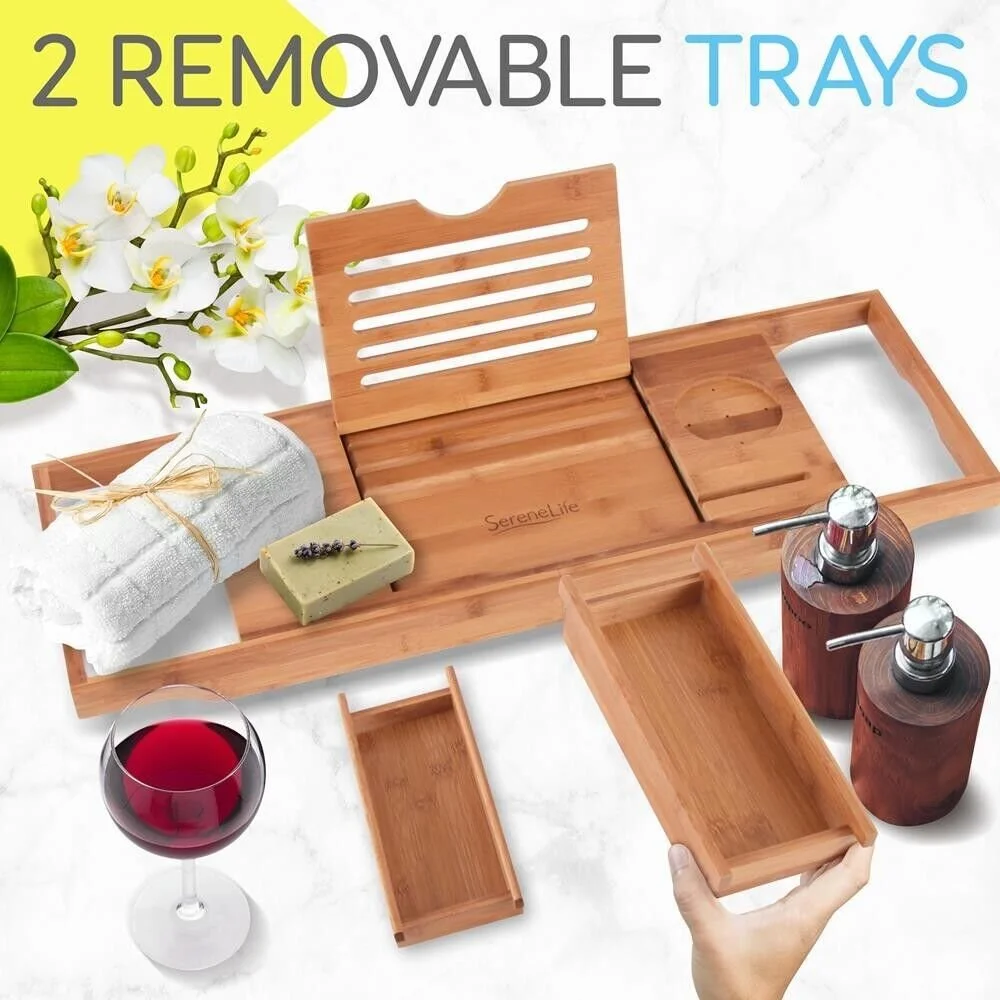 Natural Bamboo Bathtub Caddy - Shower Tub Caddy Tray with Adjustable Length