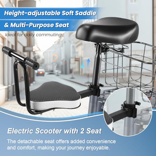 Caroma Peak 500W/800W/1200W Electric Scooter with Seat, 30 Miles Max Range Electric Scooter Adults&Teens, 48V Large Battery, 20MPH Top Speed Foldable Ebike, Adjustable E-Bike with Basket&Kid Seat