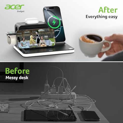 acer 7-in-1 Wireless Charging Station with Adjustable Brightness Night Light, Compatible with iPhone 16/15/14/13/12 All Series, Android Phones, AirPods, and iWatch, Fast Charger with Time Display