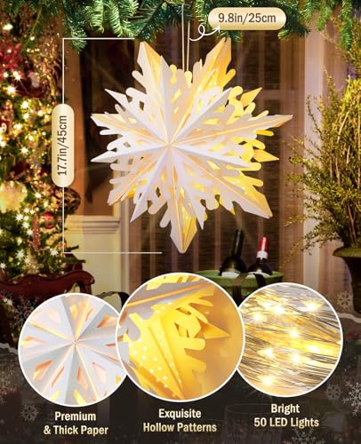Luxspire 2 Pack Christmas Paper Star Lantern, 17.7” Hanging Paper Snowflake Lights with LED Light Beads Remote Control, Foldable Decorative Papers Lantern Lights for Christmas Holiday Party, Octagram