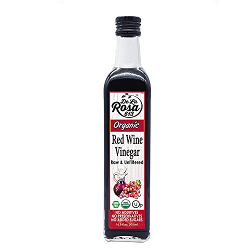 De La Rosa Organic Red Wine Vinegar, Raw & Unfiltered, Kosher for Passover, Vegan, Non-GMO & Gluten Free, Great for Salad Dressings, Marinades & More, Organic Red Wine Vinegar, 16.9 Oz (Pack of 1)