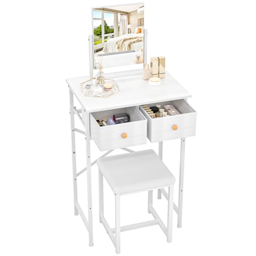 X-cosrack Small Makeup Vanity Desk with Mirror & Chair, Mini Vanity Desk Table Set with Fabric Storage Drawer, 19.7