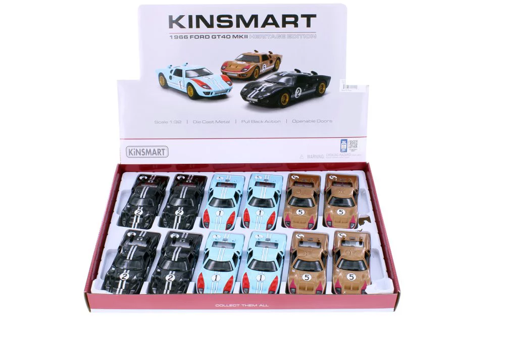 Kinsmart 1966 Ford GT40 MKII Heritage Edition Hardtop Diecast Car Set - Box of 12 1/32 Scale Diecast Model Cars, Assorted Colors