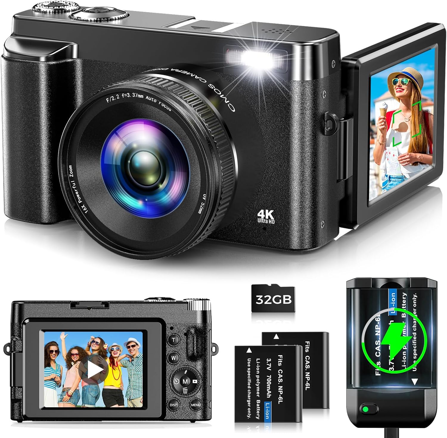 4K Digital Camera for Photography Autofocus 48MP Vlogging Camera for YouTube with 3'' 180°Flip Screen 16X Digital Zoom 4K Video Compact Travel Camera with SD Card,Flash, Anti-Shake, 2 Batteries