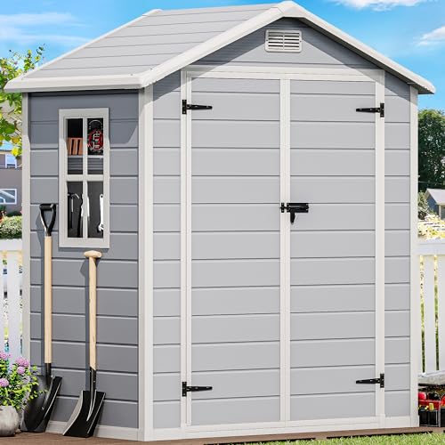 DWVO 6.x4 FT Resin Storage Shed with Reinforced Floor, Outdoor Storage Shed with Lockable Door, Window and Vents, Waterproof Plastic Tool Storage for Garden, Backyard, Patio, Lawn