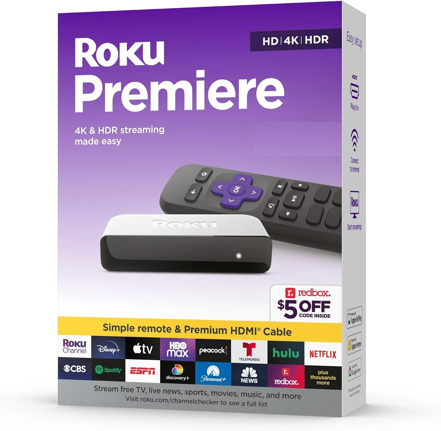Roku 3920RW-SW Premiere | 4K/HDR Streaming Media Player Wi-Fi Enabled with Premium High Speed HDMI Cable and Simple Remote