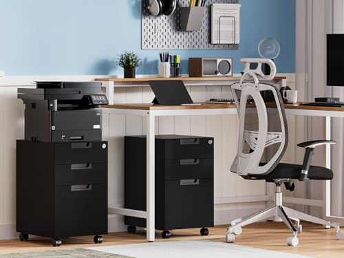 MIIIKO File Cabinet 3 Drawers on Wheels Under Desk, Black Metal Rolling File Cabinets with Lock for Home Office, Un-Assembled Filing Cabinet with Lock