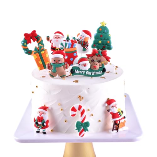 12pcs Christmas Party CakeTopper, Christmas Party Decorations Supplies Cute Christmas Party Favors Snowman Santa Reindeer Elf Gingerbread Christmas Tree Cake Decoration