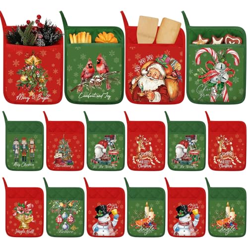 Leinuosen 12 Pcs Christmas Pot Holders with Pocket Xmas Retro Pot Holders for Kitchen Winter Hot Pads Oven Mitts Cookie Bag Red and Green Heat Resistant Farmhouse Oven Gloves Baking Cooking(Cute)